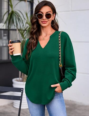 Totatuit بلوزات للنساء الخامس الرقبة كم طويل قمصان فضفاضة خفيفة الوزن منحني هيم بلوزة كاجوال بلايز 2025 خريف غابة خضراء كبيرة in Kuwait