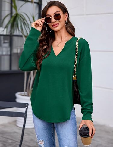 Totatuit بلوزات للنساء الخامس الرقبة كم طويل قمصان فضفاضة خفيفة الوزن منحني هيم بلوزة كاجوال بلايز 2025 خريف غابة خضراء كبيرة in Kuwait