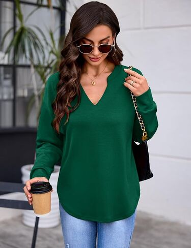 Totatuit بلوزات للنساء الخامس الرقبة كم طويل قمصان فضفاضة خفيفة الوزن منحني هيم بلوزة كاجوال بلايز 2025 خريف غابة خضراء كبيرة in Kuwait