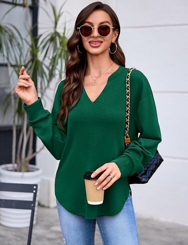 Totatuit بلوزات للنساء الخامس الرقبة كم طويل قمصان فضفاضة خفيفة الوزن منحني هيم بلوزة كاجوال بلايز 2025 خريف غابة خضراء كبيرة in Kuwait