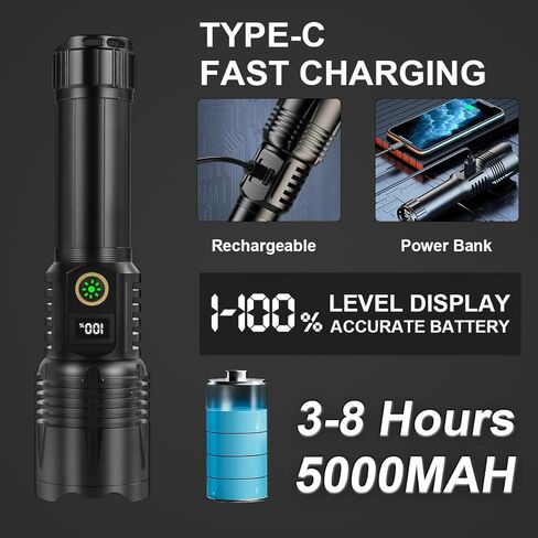 المصابيح الضوئية LED LED High Lumens قابلة لإعادة شحنها ، 1200000 Lumens مصباح يدوي قوي ، ضوء فلاش تكتيكي ساطع ، مصباح كهربائي عالي الطاقة USB-C ، 5 أوضاع مقاومة للماء وقابلة للتكبير للتخييم in Kuwait