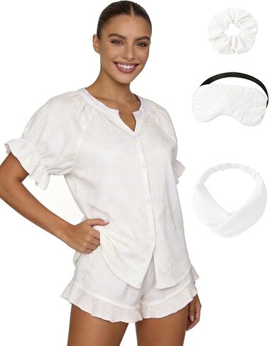 EPLAZA 2pcs Bride Bridal Pajamas Set Women Bride Bridesmaid Pajamas Puff-sleeve Tops and Shorts Bridal Bachelor Party Gifts in Kuwait