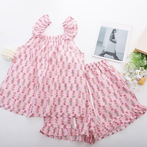 Flygo Summer PJs for Women Set, Womens Floral Pajama Set Ruffle Trim Cami Top and Shorts 2 Piece Lounge Sleepwear Set in Saudi Arabia