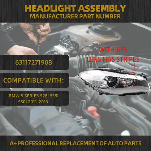 Dasbecan HID/Xenon w/AFS Type Headlight Compatible With 2011-2013 BMW 5 Series 528i 535i 550i M5 Right Passenger Side Housing Chrome Clear Headlight Assembly Replaces# 63117271908 in Saudi Arabia