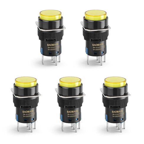 Baomain 5/8 "16 مللي متر مفتاح بـزر دفع لحظة غطاء دائري LED مصباح الضوء الأصفر تيار مستمر 12 فولت SPDT 5 دبوس 5 حزمة in Saudi Arabia