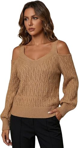 Women's Cold Shoulder Knit Sweater V-Neck Long Sleeve Tops Casual Loose Blouse in Saudi Arabia