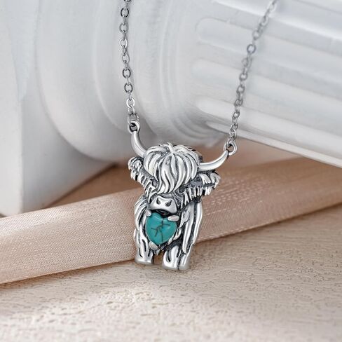 Highland Cow Necklace S925 Sterling Silver Turquoise Highland Cow Pendant Necklace Turquise Jewelry Necklace Gifts for Women Mom Wife Feriends in Kuwait