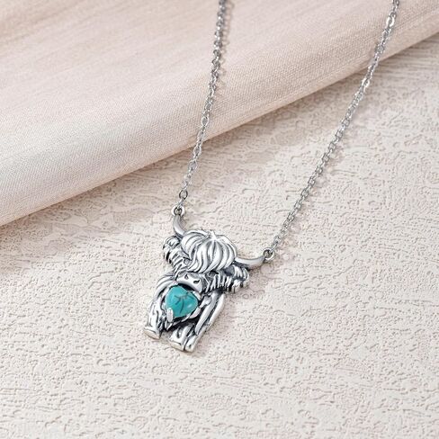 Highland Cow Necklace S925 Sterling Silver Turquoise Highland Cow Pendant Necklace Turquise Jewelry Necklace Gifts for Women Mom Wife Feriends in Kuwait