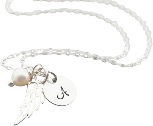 Sterling Silver Angel Wing Necklace – Personalized Memorial Jewelry with Initial & Pearl, Handmade in Kuwait