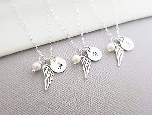 Sterling Silver Angel Wing Necklace – Personalized Memorial Jewelry with Initial & Pearl, Handmade in Kuwait