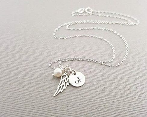 Sterling Silver Angel Wing Necklace – Personalized Memorial Jewelry with Initial & Pearl, Handmade in Kuwait