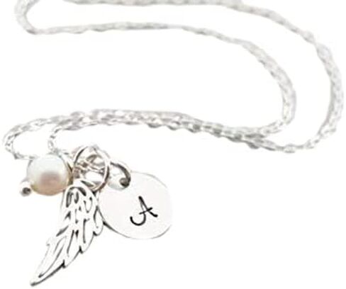 Sterling Silver Angel Wing Necklace – Personalized Memorial Jewelry with Initial & Pearl, Handmade in Kuwait