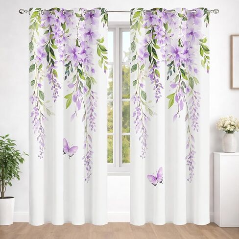 Purple Flower Curtains for Bedroom, Spring Wisteria Floral and Green Leaf Butterfly on White Blackout Curtains Nature Plant Drapes for Living Room Dorm Decor, 42x84 inch 2 Panels Set in Saudi Arabia