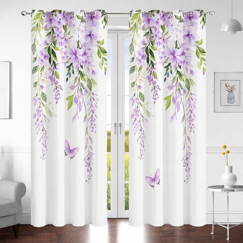 Purple Flower Curtains for Bedroom, Spring Wisteria Floral and Green Leaf Butterfly on White Blackout Curtains Nature Plant Drapes for Living Room Dorm Decor, 42x84 inch 2 Panels Set in Saudi Arabia