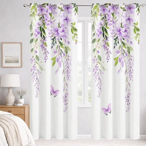Purple Flower Curtains for Bedroom, Spring Wisteria Floral and Green Leaf Butterfly on White Blackout Curtains Nature Plant Drapes for Living Room Dorm Decor, 42x84 inch 2 Panels Set in Saudi Arabia