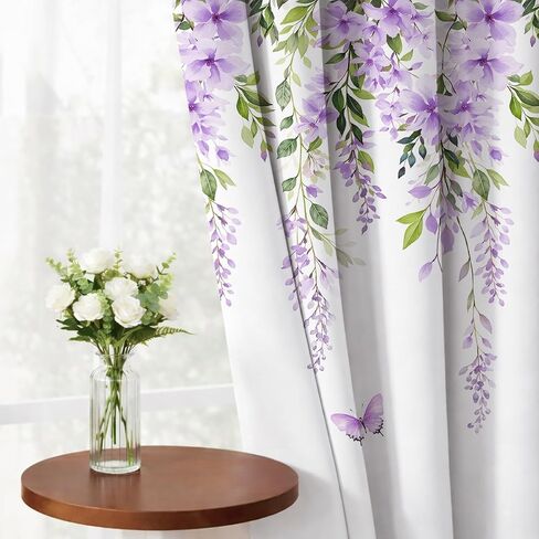 Purple Flower Curtains for Bedroom, Spring Wisteria Floral and Green Leaf Butterfly on White Blackout Curtains Nature Plant Drapes for Living Room Dorm Decor, 42x84 inch 2 Panels Set in Saudi Arabia