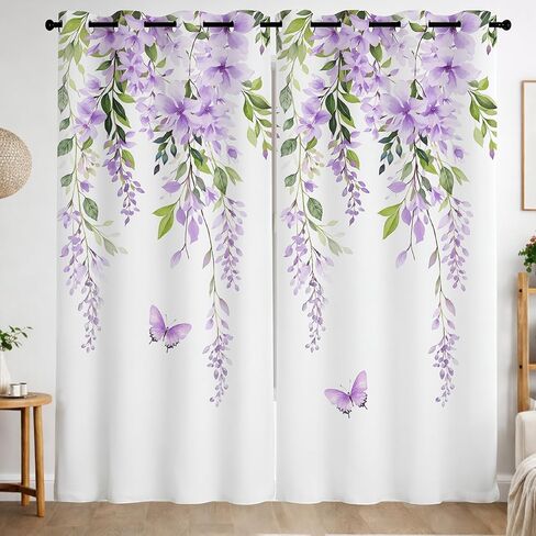 Purple Flower Curtains for Bedroom, Spring Wisteria Floral and Green Leaf Butterfly on White Blackout Curtains Nature Plant Drapes for Living Room Dorm Decor, 42x84 inch 2 Panels Set in Saudi Arabia