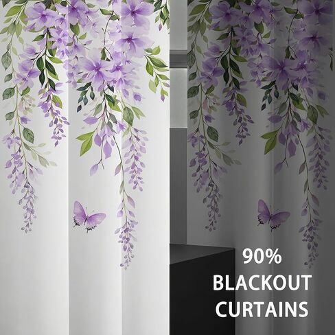 Purple Flower Curtains for Bedroom, Spring Wisteria Floral and Green Leaf Butterfly on White Blackout Curtains Nature Plant Drapes for Living Room Dorm Decor, 42x84 inch 2 Panels Set in Saudi Arabia