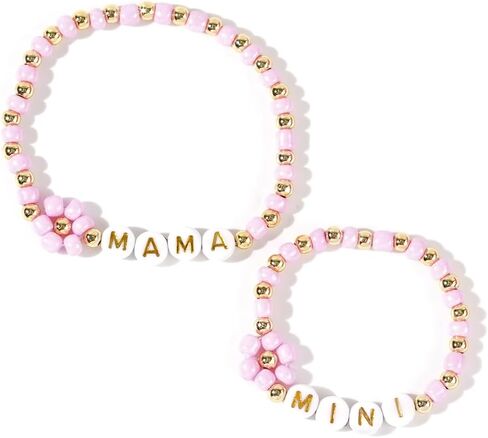 MAMA MINI Beaded Bracelet Set, 2PCS 4mm Pink Seed Bead Daisy Stretch Bracelets, Gold Letter Mommy and Me Jewelry, New Mom Shower Mother’s Day Gift in Saudi Arabia