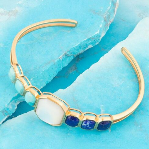Barse Jewelry Dual Color Blue Lapis Turquoise and White Mother of Pearl Golden Cuff Bracelet in Kuwait
