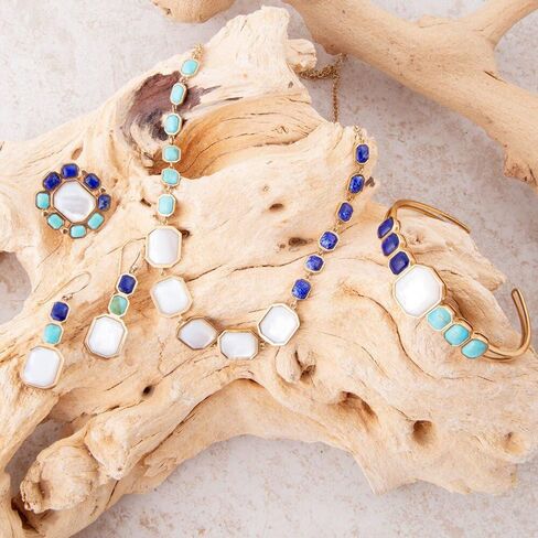 Barse Jewelry Dual Color Blue Lapis Turquoise and White Mother of Pearl Golden Cuff Bracelet in Kuwait