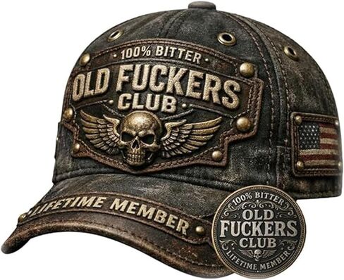 Old Fuckers Club Vintage Baseball Cap, Hand-Embroidered 100% Bitter Lifetime Member Hat, Adjustable Distressed Black Unisex in Saudi Arabia