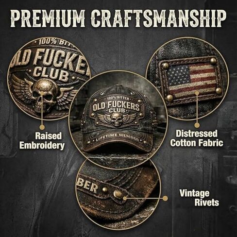 Old Fuckers Club Vintage Baseball Cap, Hand-Embroidered 100% Bitter Lifetime Member Hat, Adjustable Distressed Black Unisex in Saudi Arabia
