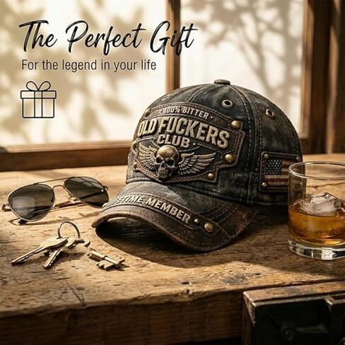 Old Fuckers Club Vintage Baseball Cap, Hand-Embroidered 100% Bitter Lifetime Member Hat, Adjustable Distressed Black Unisex in Saudi Arabia