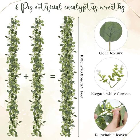 6 عبوات من أكاليل الأوكالبتوس الصناعية بطول 5.9 أقدام، إكليل زفاف صناعي مع زهور بيضاء وأوراق الأوكالبتوس الفضية الصناعية لطاولة المنزل وحفلات الزفاف وديكور داخلي وخارجي in Kuwait