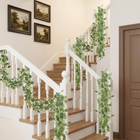 6 عبوات من أكاليل الأوكالبتوس الصناعية بطول 5.9 أقدام، إكليل زفاف صناعي مع زهور بيضاء وأوراق الأوكالبتوس الفضية الصناعية لطاولة المنزل وحفلات الزفاف وديكور داخلي وخارجي in Kuwait