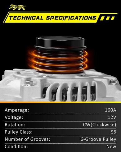Oktiger 160A Upgraded Alternator for Jeep Cherokee 2014-2019 2.4L, Compass 2017-2022, Renegade 2015-2021, for Chrysler 200, L4 12V 160A Clockwise 6-Groove Decoupler Pulley, OE 56029624AB in Kuwait