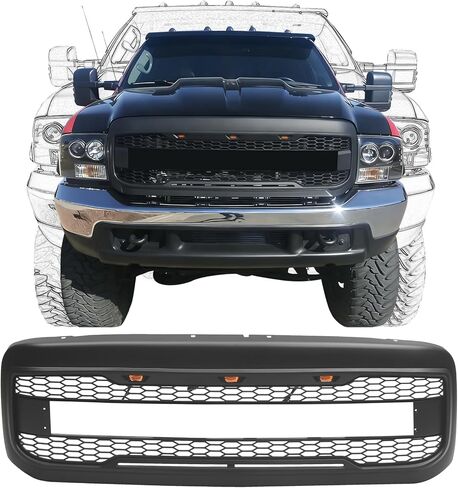 Front Grille Compatible with 1999-2004 F250/ F250 Super Duty/ F350/ F350 Super Duty, Direct Aftermarket Replacement Grill ABS Front Grille with 3 LED Lights and Letters, Matte Black in Saudi Arabia