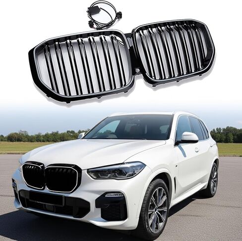 Replacement for 2019-2023 BMW G05 X5 Front Bumer Kidney Grille - Glossy Black Dual Grill with Integrated White LED Light Bar & Night Vision Port - BM1200315, 51137454887, 51138096590 in Kuwait