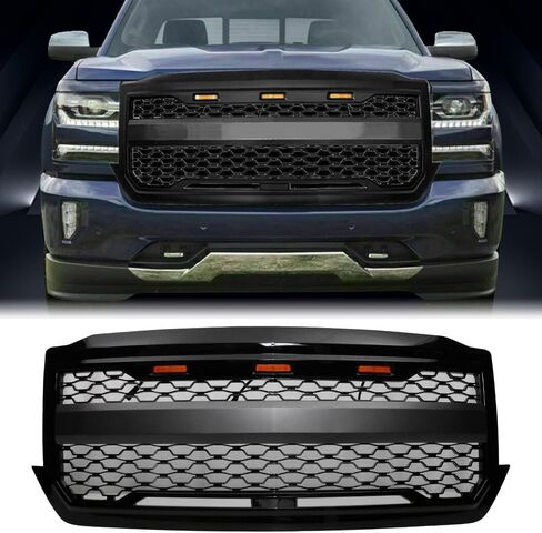 Grille, Compatible with 2016-2019 Chevrolet Silverado 1500 LD, Plastic Front Bumper Upper Grill Grid Replacement Guard, Gloss Black in Saudi Arabia