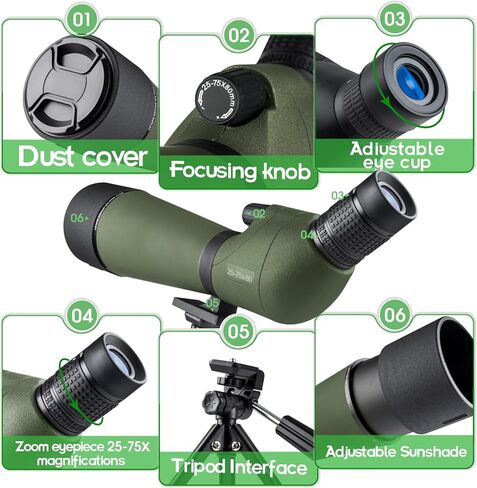 20-60x80 Spotting Scope for Target Shooting Spotter Scope with Tripod Phone Adapter Carrying Bag BAK4 Monocular Telescope for Hunting Birdwatching Camping Black in Kuwait