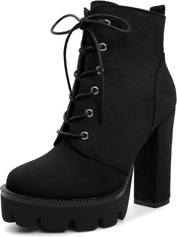Mettesally Womens Platform Lace Up في الكاحل أحذية جولة إصبع القدم مكتنزة كتلة عالية الكعب الجانبي سستة القصة القصيرة أحذية الشتاء أحذية الشتاء in Kuwait