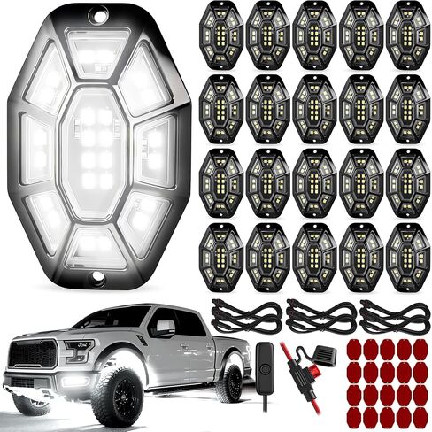 20 كبسولة 540 LED 9 جوانب مجموعة أضواء الصخور البيضاء النقية مع تسخير الأسلاك التبديل، 6500K 5050 SMD LED أضواء تحت التوهج، IP67 مقاوم للماء التوصيل والتشغيل أضواء الصخور للشاحنات بيك اب الطرق الوعرة ATV UTV SUV in Kuwait