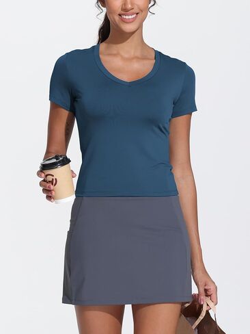 Women's Slim Fit Workout T-Shirts V-Neck Crop Basic Short Sleeve Tee Tops in Saudi Arabia