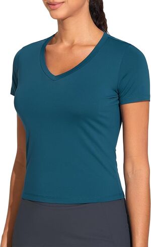 Women's Slim Fit Workout T-Shirts V-Neck Crop Basic Short Sleeve Tee Tops in Saudi Arabia