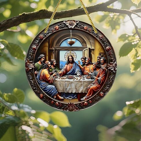 Colorful Acrylic Suncatcher, Last Supper Round Decor 7-inch Hanging Window Wall Art Decor with Printed Stained Glass Style Design, Gift Idea & Garden Ornament Indoor Outdoor Use in Saudi Arabia