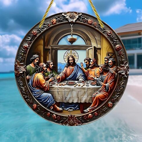 Colorful Acrylic Suncatcher, Last Supper Round Decor 7-inch Hanging Window Wall Art Decor with Printed Stained Glass Style Design, Gift Idea & Garden Ornament Indoor Outdoor Use in Saudi Arabia