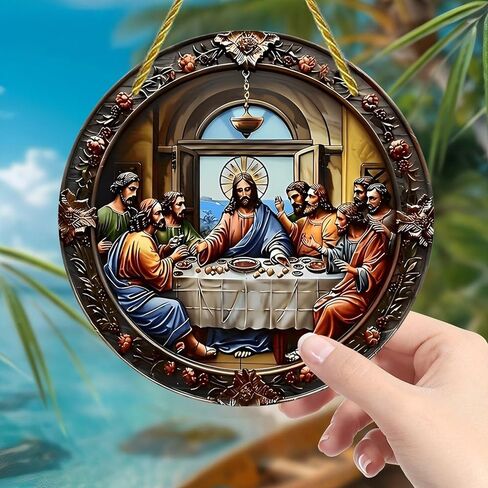 Colorful Acrylic Suncatcher, Last Supper Round Decor 7-inch Hanging Window Wall Art Decor with Printed Stained Glass Style Design, Gift Idea & Garden Ornament Indoor Outdoor Use in Saudi Arabia