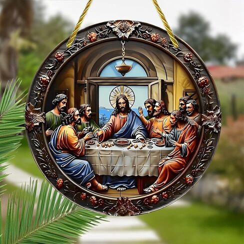 Colorful Acrylic Suncatcher, Last Supper Round Decor 7-inch Hanging Window Wall Art Decor with Printed Stained Glass Style Design, Gift Idea & Garden Ornament Indoor Outdoor Use in Saudi Arabia