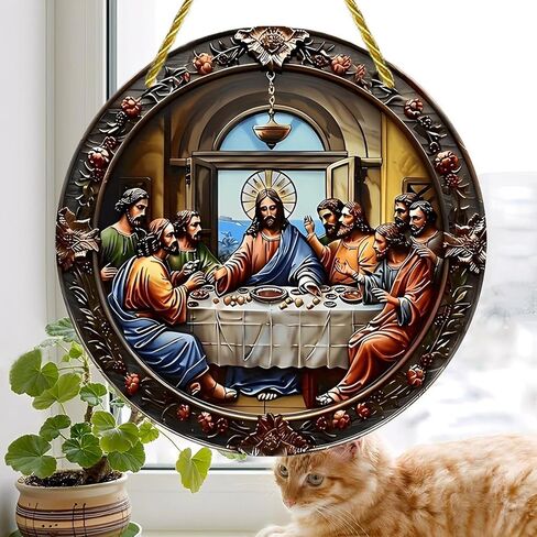 Colorful Acrylic Suncatcher, Last Supper Round Decor 7-inch Hanging Window Wall Art Decor with Printed Stained Glass Style Design, Gift Idea & Garden Ornament Indoor Outdoor Use in Saudi Arabia