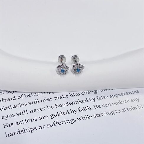20G Blue CZ Flower Screw Flat Back Small Tiny Stud Earrings for Women Minimalist Cute Silver Plated Cartilage Tragus Piercing Little Studs Hypoallergenic Jewelry Birthday in Saudi Arabia