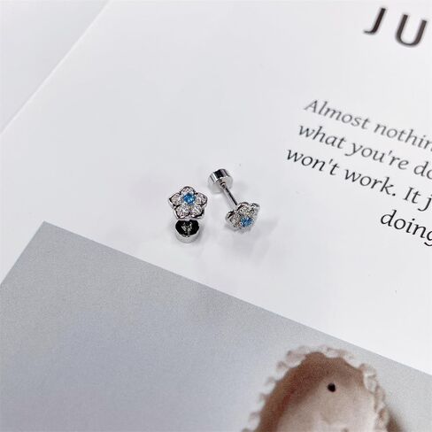 20G Blue CZ Flower Screw Flat Back Small Tiny Stud Earrings for Women Minimalist Cute Silver Plated Cartilage Tragus Piercing Little Studs Hypoallergenic Jewelry Birthday in Saudi Arabia