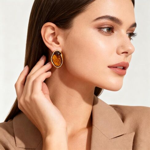 Amber Acrylic Stud Earrings for Women, Irregular Resin Chunky Gold Edged Earrings, Vintage Statement Jewelry for Daily Wear & Gift in Kuwait