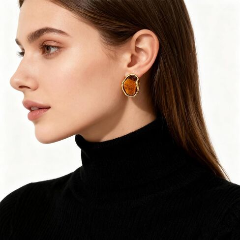 Amber Acrylic Stud Earrings for Women, Irregular Resin Chunky Gold Edged Earrings, Vintage Statement Jewelry for Daily Wear & Gift in Kuwait
