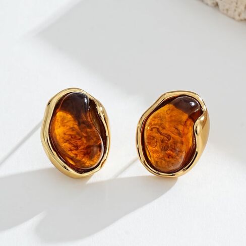 Amber Acrylic Stud Earrings for Women, Irregular Resin Chunky Gold Edged Earrings, Vintage Statement Jewelry for Daily Wear & Gift in Kuwait