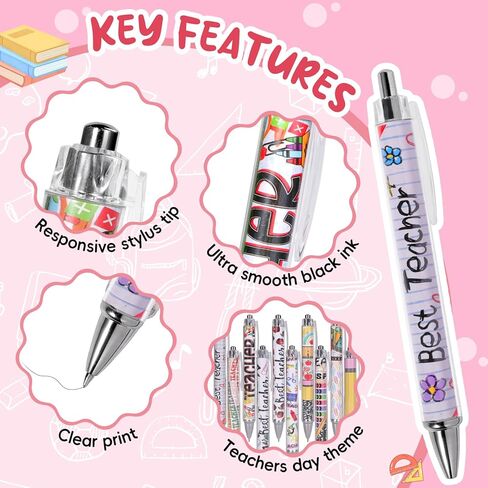 20 Pack Teacher Appreciation Gel Pens, Cute Retractable Ballpoint Pens with Teacher Patterns, Bulk Black Ink Pens for Teacher Gifts, Classroom Rewards & Back to School in Saudi Arabia